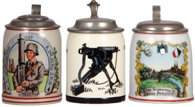 Three Third Reich steins, .5L, stoneware, 8. [M.G.] Komp., I.R. 19, 1935, Maxim 08/15 MG, relief pewter lid with helmet & swastika, pewter strap repaired, body mint; .5L, pottery, 12. [M.G.] Komp., I.R. 14, named to: Oberfeldwebel Scherer, Maxim MG 08 wit