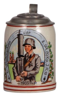 Three Third Reich steins, .5L, stoneware, 8. [M.G.] Komp., I.R. 19, 1935, Maxim 08/15 MG, relief pewter lid with helmet & swastika, pewter strap repaired, body mint; .5L, pottery, 12. [M.G.] Komp., I.R. 14, named to: Oberfeldwebel Scherer, Maxim MG 08 wit - 2