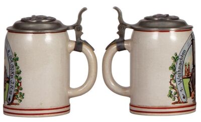 Three Third Reich steins, .5L, stoneware, 8. [M.G.] Komp., I.R. 19, 1935, Maxim 08/15 MG, relief pewter lid with helmet & swastika, pewter strap repaired, body mint; .5L, pottery, 12. [M.G.] Komp., I.R. 14, named to: Oberfeldwebel Scherer, Maxim MG 08 wit - 3