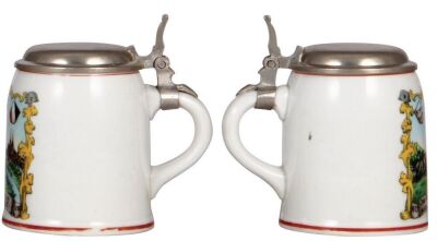 Three Third Reich steins, .5L, stoneware, 8. [M.G.] Komp., I.R. 19, 1935, Maxim 08/15 MG, relief pewter lid with helmet & swastika, pewter strap repaired, body mint; .5L, pottery, 12. [M.G.] Komp., I.R. 14, named to: Oberfeldwebel Scherer, Maxim MG 08 wit - 8