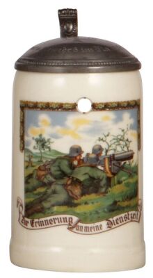 Third Reich stein, .5L, porcelain, marked Bauscher, Weiden, center scene with Maxim M.G. 08 on sled mount, engraved pewter lid: M.G. Sturm 16., mint.  From the collection of Robert Segel, author of: The Handbook of Machine Gun Support Equipment and Access