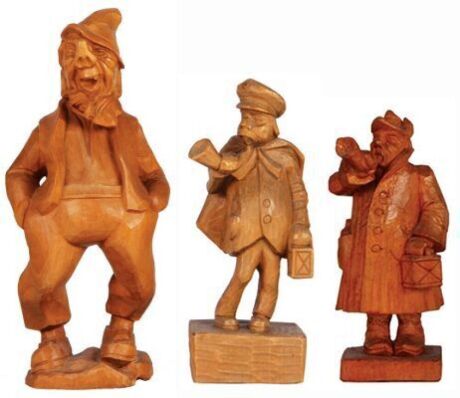 Three Black Forest wood carvings, 14.0" ht. x 6.0" w. x 4.0" deep, Man with Turned up Nose; with, 11.2'' ht., Night Watchman; with, 9.5" ht., Night Watchman, linden wood, made in Germany, mid to late 1900s, all very good quality and condition.       