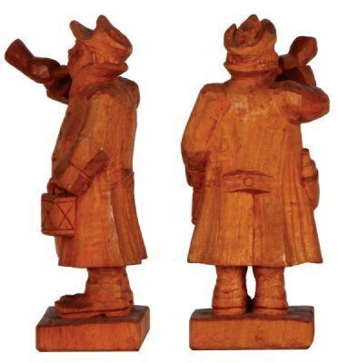 Three Black Forest wood carvings, 14.0" ht. x 6.0" w. x 4.0" deep, Man with Turned up Nose; with, 11.2'' ht., Night Watchman; with, 9.5" ht., Night Watchman, linden wood, made in Germany, mid to late 1900s, all very good quality and condition.        - 4