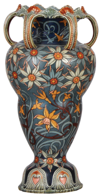 Mettlach vase, 16.0'' ht., 2416, etched, Art Nouveau, style of Tiffany’s Magnolia vase, 1893 Chicago World’s Fair, mint. - 3