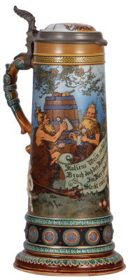 Mettlach stein, 2.5L, 15.6'' ht., 2095, etched, by Schlitt, inlaid lid, small base chips, otherwise mint.