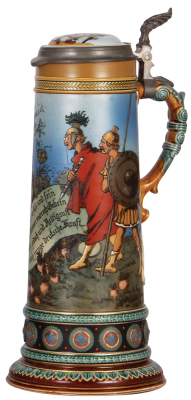 Mettlach stein, 2.5L, 15.6'' ht., 2095, etched, by Schlitt, inlaid lid, small base chips, otherwise mint. - 2