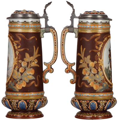 Mettlach stein, 1.5L, 13.4'' ht., 2105, etched, inlaid lid, mint. - 2