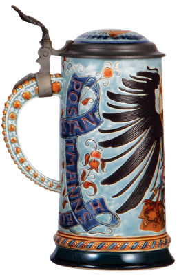 Mettlach stein, 1.0L, 1856, etched, by Otto Hupp, inlaid lid, mint. - 6