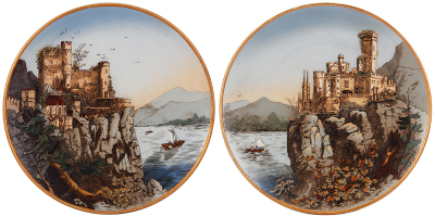 Pair Mettlach plaques, 17.5'' d., 2195 & 2196, etched, 2195 has gold wear touched up, 2196 mint.