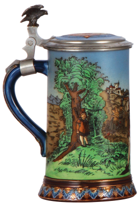 Mettlach stein, .5L, 2082, etched, inlaid lid, mint. - 3