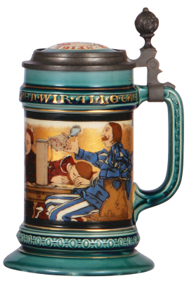 Mettlach stein, .5L, 2044, etched, inlaid lid, flake on upper rim. - 2