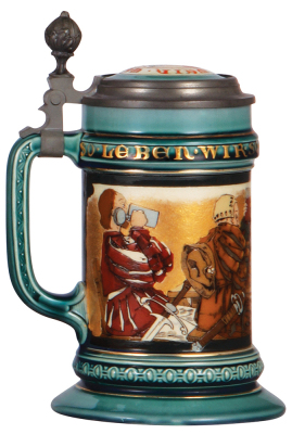 Mettlach stein, .5L, 2044, etched, inlaid lid, flake on upper rim. - 3