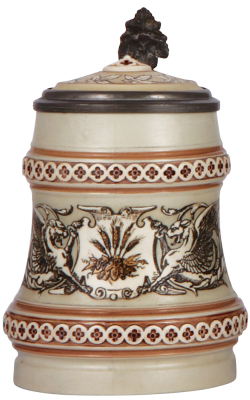 Mettlach stein, .5L, 1052, etched, inlaid lid, flake on base edge.