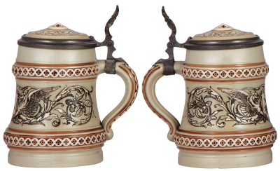 Mettlach stein, .5L, 1052, etched, inlaid lid, flake on base edge. - 2