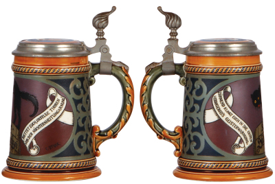 Mettlach stein, .5L, 2007, etched, inlaid lid, by F. Stuck, missing center hinge ring, works fine, small pewter tear, body mint. - 2