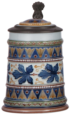 Mettlach stein, 5L, 1570, mosaic, by Hein, inlaid lid, mint.