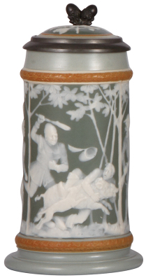 Mettlach stein, .5L, 2530, cameo, by Stahl, inlaid lid, mint.