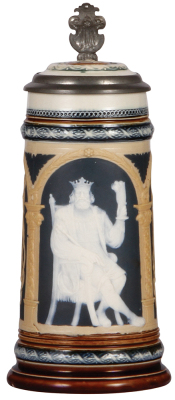 Mettlach stein, .5L, 2130, cameo, by Stahl, inlaid lid, mint.