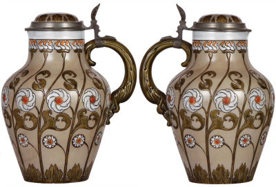 Two Mettlach steins, 4.4L, 12.6'' ht., 2098, etched, Art Nouveau, inlaid lid, mint; with, .3L, 2099, etched, inlaid lid, handle break repaired. - 2