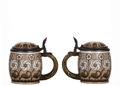 Two Mettlach steins, 4.4L, 12.6'' ht., 2098, etched, Art Nouveau, inlaid lid, mint; with, .3L, 2099, etched, inlaid lid, handle break repaired. - 3