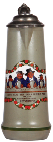 Mettlach stein, 2.9L, 14.9'' ht., 532[3094], transfer & hand-painted, pewter lid marked Pauson München, rare, mint.