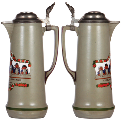 Mettlach stein, 2.9L, 14.9'' ht., 532[3094], transfer & hand-painted, pewter lid marked Pauson München, rare, mint. - 2