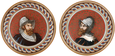 Pair Mettlach plaques, 10.9'' d., 1387 & 1388, etched, mint.