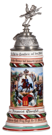 Regimental stein, .5L, 12.6" ht., porcelain, 3. Esk., Drag. Regt. Nr. 13, Metz, 1905 - 1908, two side scenes, roster, eagle thumblift, named to: Reservist Obergfell, mint.