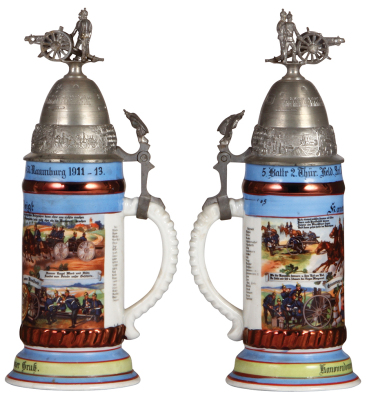 Regimental stein, .5L, 12.2" ht., porcelain, 5. Battr., Feld Artl. Regt. Nr. 55, Naumburg, 1911 - 1913, four side scenes, roster, eagle thumblift, named to: Kanonier Voigt, mint. - 2