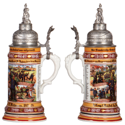 Regimental stein, .5L, 12.1" ht., porcelain, 4. Comp., Inft. Regt. Nr. 112, Mühlhausen, 1912 - 1914, four side scenes, roster, griffin thumblift, named to: Gefreiter Rappenecker, mint. - 2