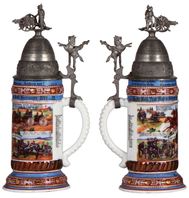 Regimental stein, .5L, 12.1" ht., porcelain, 4. Fahr. Battr., 10. Feld Artl. Regt., Hannover, 1911 - 1913, four side scenes, roster, horse & rider thumblift, named to: Reservist Wiffel, very good repair of a pewter tear, body mint. - 2