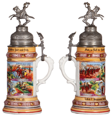 Regimental stein, .5L, 13.0" ht., porcelain, 4. Esk., Ulanen Regt. Nr. 11, Saarburg, 1910 - 1913, four side scenes, roster, eagle thumblift, named to: Reservist Fienke, faded roster, good repair of a pewter tear. - 2