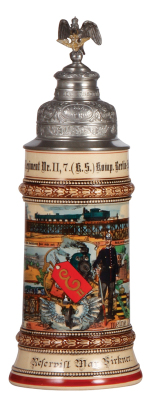 Regimental stein, .5L, 11.4" ht., pottery, Eisenbahn Regt. Nr. II, 7. (K.S.) Komp., Berlin-Schöneberg, 1906 - 1908, six side scenes, roster, winged wheel thumblift, named to: Reservist Birkner, mint.