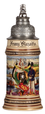 Regimental stein, .5L, 10.7" ht., pottery, 5. Komp., Eisenbahn Regt. Nr. 1, Berlin, 1908 - 1910, 24. Brückenbauten der Eisenbahn-Brigade vom 11. Aug. bis 24. Sept. 1909, Kommando Meissen - Riesa i. S., five side scenes, roster, eagle thumblift, named to: 