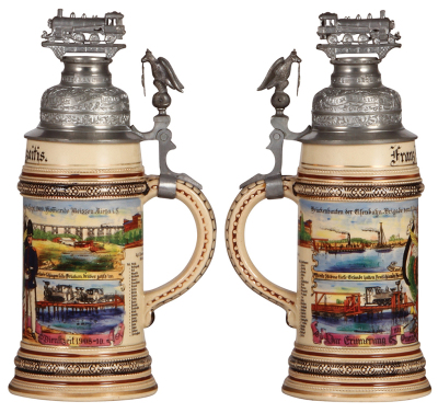 Regimental stein, .5L, 10.7" ht., pottery, 5. Komp., Eisenbahn Regt. Nr. 1, Berlin, 1908 - 1910, 24. Brückenbauten der Eisenbahn-Brigade vom 11. Aug. bis 24. Sept. 1909, Kommando Meissen - Riesa i. S., five side scenes, roster, eagle thumblift, named to: - 2