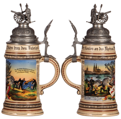 Regimental stein, .5L, 10.8'' ht., pottery, 3. Cp., Fuss Artl. Regt. Nr. 7, Köln, 1901 - 1903, two side scenes, roster, eagle thumblift, named to: Res. Obgfr. Oetter, mint. - 2