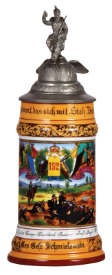 Regimental stein, .5L, 11.1'' ht., porcelain, 4. Comp., Inft. Regt. Nr. 152, Deutsch Eÿlau, 1903 - 1905, four side scenes, roster, eagle thumblift, named to: Res. Gefr. Schmielewski, rare unit, located in Poland, excellent repair of a pewter tear, otherwi