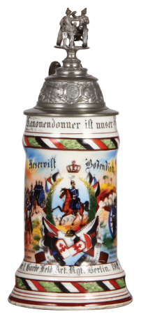 Regimental stein, .5L, 10.8'' ht., porcelain, 2. Battr., 1. Garde Feld Artl. Regt., Berlin, 1902 - 1904, two side scenes, roster, eagle thumblift, named to: Reservist Bodendieck, mint.