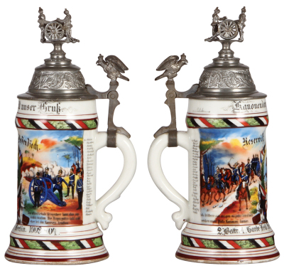 Regimental stein, .5L, 10.8'' ht., porcelain, 2. Battr., 1. Garde Feld Artl. Regt., Berlin, 1902 - 1904, two side scenes, roster, eagle thumblift, named to: Reservist Bodendieck, mint. - 2