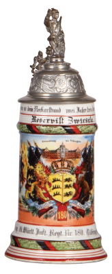 Regimental stein, .5L, 11.0" ht., porcelain, 1. Comp., Inft. Regt. Nr. 180, Tübingen, 1906 - 1908, two side scenes, roster, Württemberg thumblift, named to: Reservist Zwiesele, mint.