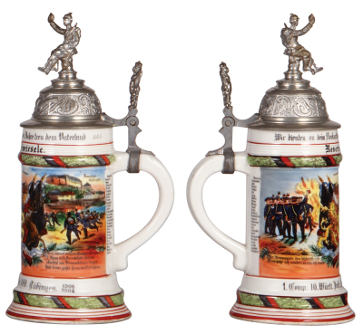 Regimental stein, .5L, 11.0" ht., porcelain, 1. Comp., Inft. Regt. Nr. 180, Tübingen, 1906 - 1908, two side scenes, roster, Württemberg thumblift, named to: Reservist Zwiesele, mint. - 2