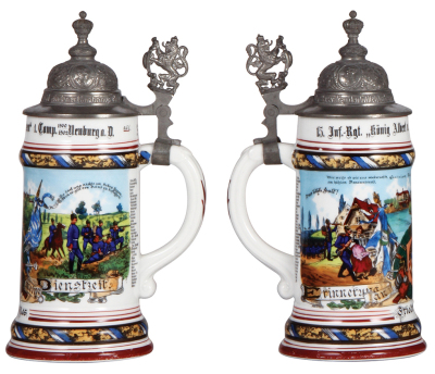 Regimental stein, .5L, 9.7" ht., porcelain, 1. Comp., bayr. Inft. Regt. Nr. 15, Neuburg a.D., 1900 - 1902, two side scenes, roster, lion thumblift, named to: Friedrich Glas, mint. - 2