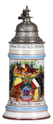 Regimental stein, .5L, 10.5" ht., porcelain, 3. Co. Inf. 170, Offenburg 1908 - 1910, four side scenes, named to: Musk. Hans Schreiber, large firing soldier thumblift, a little base wear, otherwise mint.