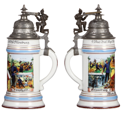 Regimental stein, .5L, 10.5" ht., porcelain, 3. Co. Inf. 170, Offenburg 1908 - 1910, four side scenes, named to: Musk. Hans Schreiber, large firing soldier thumblift, a little base wear, otherwise mint. - 2