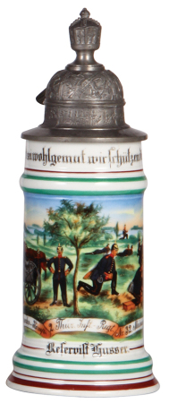 Regimental stein, .5L, 10.7" ht., Maschinen Gewehr Komp., Inft. Regt. Nr. 32, Meiningen, 1910 - 1912, two side scenes, roster, eagle thumblift, named to: Reservist Husser, a little wear to some letters, missing cross from top of finial.