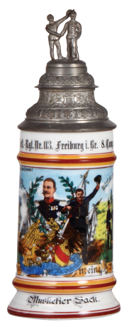 Regimental stein, .5L, 10.5" ht., porcelain, 8. Comp., Inft. Regt. Nr. 113, Freiburg i. Br., 1900 - 1902, two side scenes, roster, griffin thumblift, named to: Musketier Back, mint.