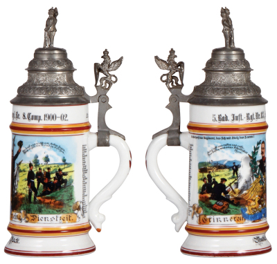 Regimental stein, .5L, 10.5" ht., porcelain, 8. Comp., Inft. Regt. Nr. 113, Freiburg i. Br., 1900 - 1902, two side scenes, roster, griffin thumblift, named to: Musketier Back, mint. - 2