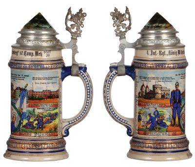 Regimental stein, .5L, 9.8" ht., stoneware, 10. Comp., bayr. Inft. Regt. Nr. 4, Metz, 1907 - 1909, four side scenes, roster, lion thumblift, named to: Gefreiter Kessel, prism lid, mint. - 2