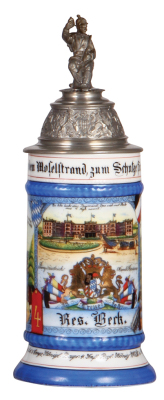 Regimental stein, .5L, 10.1" ht., porcelain, 8. Comp., bayr. Inft. Regt. Nr. 4, Metz, 1900 - 1902, two side scenes, roster, lion thumblift, named to: Res. Berk, mint.