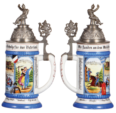 Regimental stein, .5L, 10.1" ht., porcelain, 8. Comp., bayr. Inft. Regt. Nr. 4, Metz, 1900 - 1902, two side scenes, roster, lion thumblift, named to: Res. Berk, mint. - 2